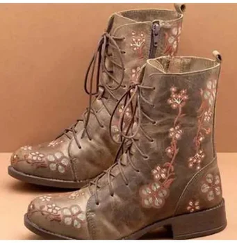 Дамски ботильоны в етнически стил, къси ботуши с бродерии и цветя, есен-зима 2024, Дамски обувки от кожа, дантела в стил ретро, Дамски обувки