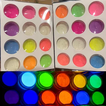 12 Кутии/набор от флуоресцентни на светещи неонови прах за нокти Жълто-зелени лъскави хромирани декорации, светещи в тъмното Аксесоари за дизайн на ноктите, със собствените си ръце