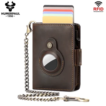 Чантата-държач за карти с въздушна маркирани по рамото, защитени от RFID кредитна карта, мъжки кожен портфейл Crazy Horse с джоб за монети на веригата