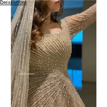 Квадратен яка цвят шампанско, дълъг ръкав, Дубайское вечерна рокля трапецовидна форма, расшитое перли, Саудовское арабското вечерна рокля