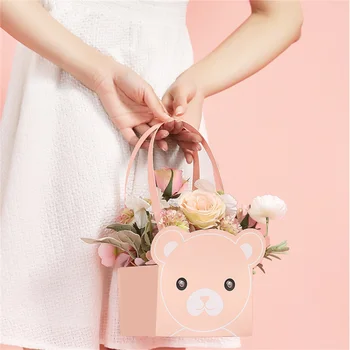 Чанта за букет цветя за Деня на Свети Валентин, чанта за опаковане на цветя с изображение на мечка, чанта за цветен опаковки, подаръчен плик, кутия