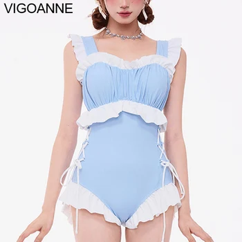 VigoAnne Solid Verge Swimwear Women 2023, Секси цял бански с цип повдигащ, Корейски Частен Плажен бански-Монокини