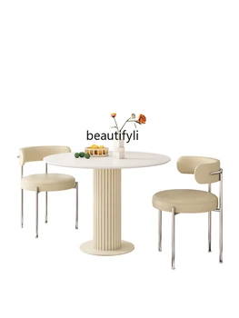 Модерен минималистичен сметана стил Каменна плоча на кръгла маса за хранене и стол, Маса за конференции бюро
