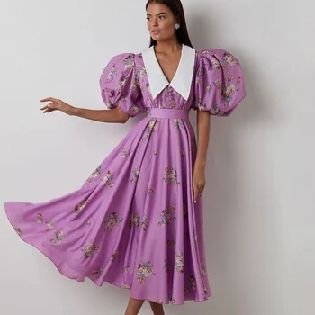 Всекидневен стил, винтажное плиссированное рокля с къси пухкави ръкави и отложным яка, дамско лятото елегантна вечерна рокля-корсет с флорални принтом