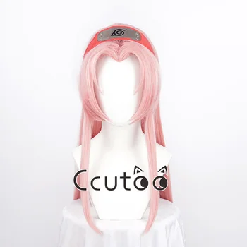 Перука за cosplay Харуно Сакуры, розова Перука от дълги синтетични косми в стил аниме с червено седалище убором + Безплатна шапка за перука