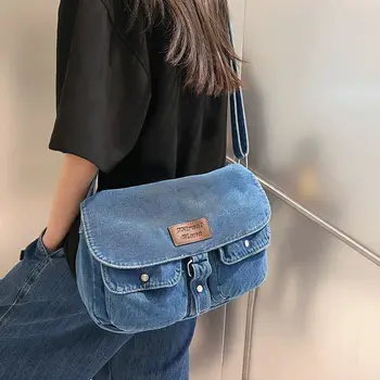 Корейската деним чанта Дамски 2023, нова ежедневни модерна мека чанта с цип, през рамо, чанти за момичета през раменете, универсална чанта