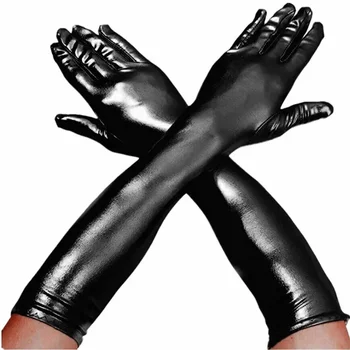 23/51 см Секси Черни Ръкавици от изкуствена кожа Дамски Cosplay Пънк Ръкавици с дълги пръсти, Дрехи за нощен клуб Ръкавици за изпълнения на един стълб