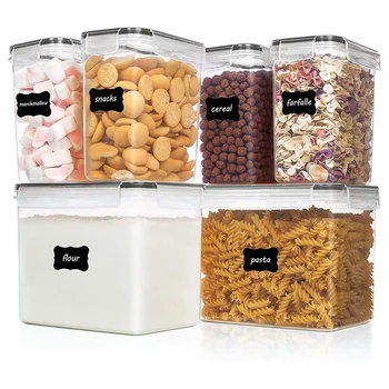 Херметични контейнери за съхранение на храна, 6 бр. - Пластмаса, не съдържат бисфенол А, контейнери за захар, брашно и сода в кухненски килер
