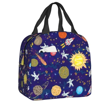 Мультяшная космическа планета с Ракета, Термоизолированная чанта за обяд, женски космически кораб астронавти, Преносим обяд-бокс за деца, чанти за училищните храни