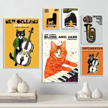 Плакати с фестивали ретро-блус и джаз, живопис върху платно, сладък котки, музикален принт на стената за модерният домашен интериор на хола Cuadros
