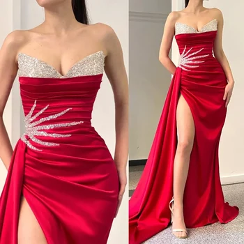 Секси вечерна рокля с кристали, червените Дубайские рокли-русалки, рокли на знаменитости с отворени рамене, дебнещ вечерни рокли с висока цепка