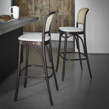 Продуктът може да се коригира.Бар стол от ратан модерен минималистичен бар стол с облегалка от масивна дървесина домакински висока табуретка кръгла табуретка