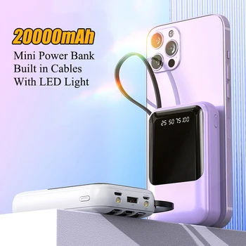 Power Bank 20000mAh Mini Powerbank Вградени кабели Преносимо зарядно външна батерия за iPhone 12 Xiaomi Huawei Poverbank