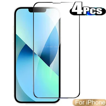 Закалено стъкло с пълно покритие 4ШТ за iPhone 15 14 Pro Max 13 12 Mini 11 Pro Защитно стъкло за iPhone 8 7Plus X XR XS MAX
