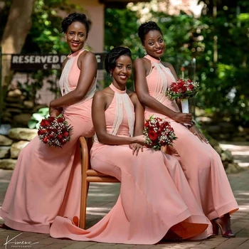 Нови Африкански Румяно-розови рокли на шаферките в стил Русалка, Сватбена рокля за гости, перли на шията, перли за спагети презрамки, дължина до пода, по-големи размери, Мома