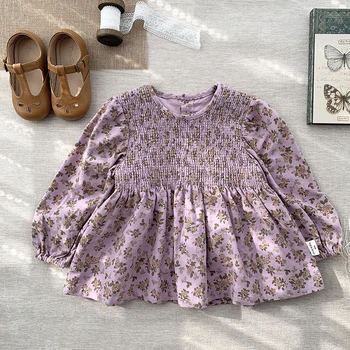 2024 Пролетни блузи с флорални принтом за малки момичета, върхове за деца, лилави бебешки ризи в пасторальном стил, риза за момичета в корейски стил