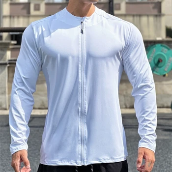 Мъжка тениска за фитнес във фитнес залата, облегающая риза с цип дълъг ръкав, мъжки тениски за бодибилдинг, блузи, Спортни облекла за бягане, Бързосъхнеща облекло за тренировки