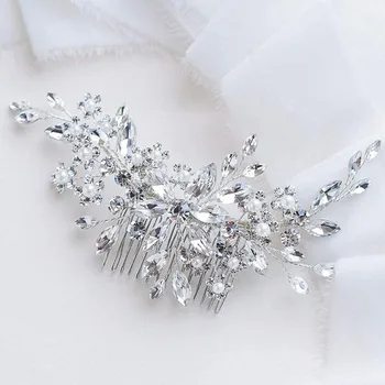 Модерни сребърни цветни кристали, Сватбена гребен за коса, Аксесоари за коса с перли, странични гребени, шапки за подаръци на приятелките си булката