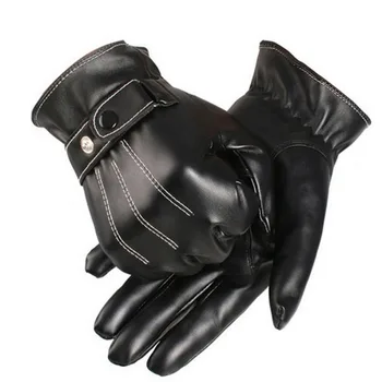 Ръкавици Зимни Кожени Черни Ръкавици Копчета Топли Ръкавици Луксозни Мъжки Ръкавици От Изкуствена Кожа За Шофиране От Естествена Кожа, Черен Цвят