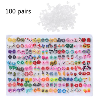 100 двойки хипоалергенни обици-гвоздиков от полимерна глина различни стилове, партида за деца