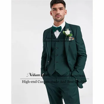 Официални Мъжки Блейзери За Бала И Лацканом, Тъмно-Зелени Сватбени Смокинги Младоженеца, Комплекти от 3 теми, Мъжки Костюми Slim Fit Business Costume Homme