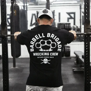 Barbell Brigade WRECKING CREW Черна тениска Марка дрехи за фитнес тениска за фитнес, Мъжка тениска за бягане, Памучни блузи за бодибилдинг, за мускулите