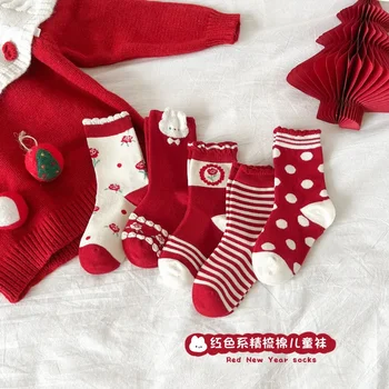 23 Есента и зимата на Нови детски чорапи, Червени Коледни чорапи на Червени памучни коледни чорапи с шарени момичета, грах с шарките на бебето
