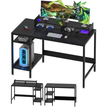 Компютърна маса MINOSYS - 39-инчов игрална маса, домашен офис бюро с място за съхранение, Малка маса с поставка за монитор, бюро