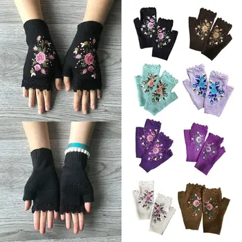 Цветни плетени калъф за ръкавици без пръсти, Ръкавици дълги до китката, Бродирани флорални ръкавици, ръкавици за полпальца, запазване на топлината
