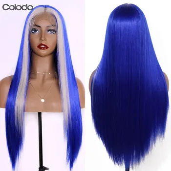 Синя перука COLODO за жени, модерен Права перука на дантели, 30-инчов Огнеупорни Бесклеевой синтетични перука за cosplay-високо качество