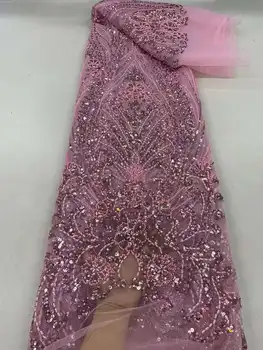 Африкански мъниста Лейси плат 2024 Висококачествена Бродерия с пайети Сватбена рокля на Окото плат за шиене 5 ярда плат За един метър