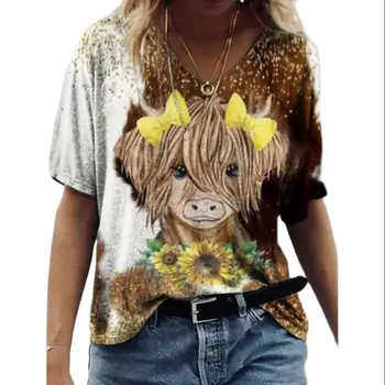 Женска тениска, модни тениски с образа на крава и kawai, ежедневни дамски блуза с V-образно деколте и къс ръкав, реколта дамски дрехи