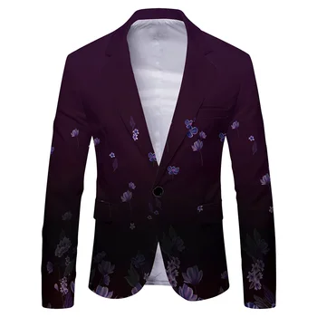 Елегантен мъжки ежедневни сако, палто копчета, оборудвана елегантен костюм, 3D печат, V-образно деколте, дълъг ръкав, лилаво, бяло, черно