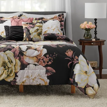 Опора на Черно цвете легло в торба от 10 теми, стеганое одеяло, комплект спално бельо с чаршафите