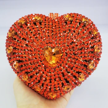 Луксозни Червени / Златни Кристали във формата на сърце Вечерна дамска чанта С кристали WHTUOHENG, Клатчи за сватбени партита, Чанти за бала с диаманти, Мини-Minaudie