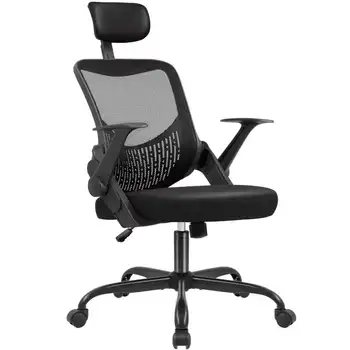 Офис стол Vineego С висока облегалка, Сетчатое работно стол с регулируема височина, Ергономичен компютърно фотьойл, удобен за облегалката за глава, черен