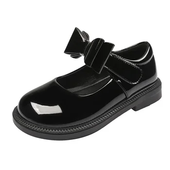 2023 Гореща детски кожени обувки Нови обувки на принцесата с лък за момичета подметка Ежедневни студентски черни обувки, за да се изяви