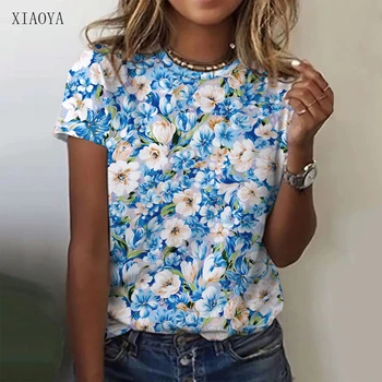 Нова Дамски Модни Годишна Ежедневна тениска С къс ръкав и кръгло деколте С 3D принтом, Цвете риза, Удобен и евтин Топ За Жени 6XL