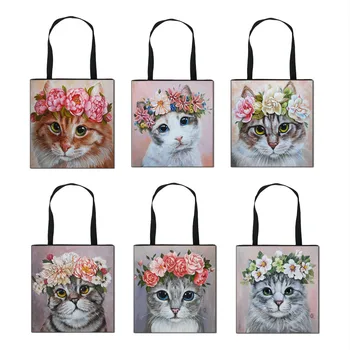 Дамски модни чанти, чанта с флорални принтом котка, от ежедневните училищни чанти за през рамо, множество чанта за пазаруване, чанта за книги за момичета