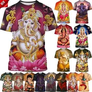 Най-новата Гореща Разпродажба, тениски с 3D принтом Indian Мит Ganesha, Мъжка Лятна Тениска С кръгло деколте, Ежедневни Блузи с принтом Хиндуисткия Слон и Къс ръкав