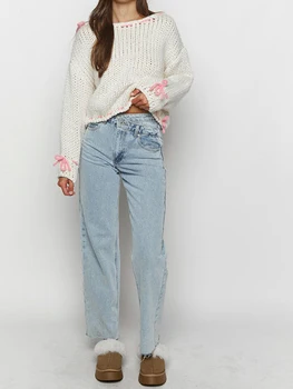 Жена пуловер естетична тел Y2k, пуловер с дълги ръкави и завязками за момичета, блузи, ежедневни свободни възли джъмпери, върхове, градинска облекло