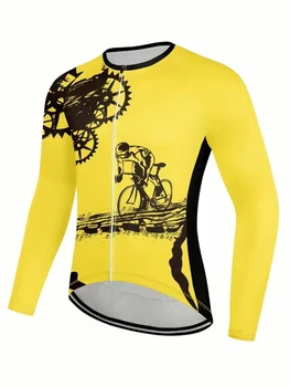 Мъжка велосипедна фланелка с принтом колоездач с цип дълъг ръкав, МТБ висок клас майо-велосипедна риза, дрехи за планински велосипеди