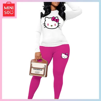 Нов модерен женски спортен топ с шарени Miniso Hello Kitty, ежедневни панталони с шарките на Kawai, комплект от две части за момиче, подарък за рожден ден