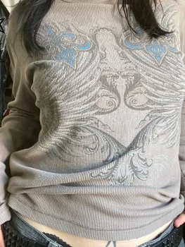 Женска тениска в ретро стил с кръгло деколте и писмото принтом, дамски есенни блузи, градинска облекло