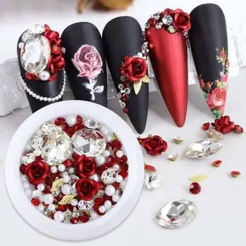 Розово-червено Цвете от смола, висулки за нокти, перлени мъниста, украси за нокти, червено-розова декорация, комплект за нокти 