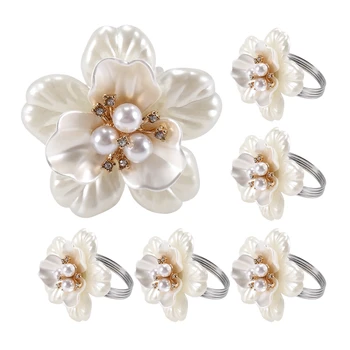 Пръстени за салфетки с бели перли и цветя, комплект от 6 пръстени за салфетки с кристалалми и диаманти за сватба, рожден ден, на притежателя за трапезария кухня