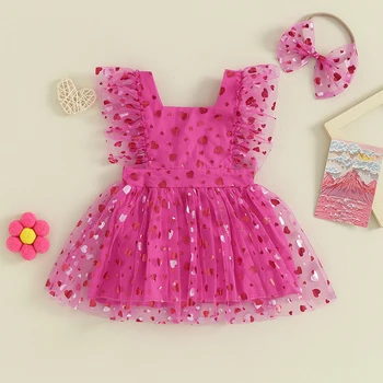 Лятна рокля-гащеризон за малки момичета с цветове, с дълъг ръкав, мрежест гащеризон с принтом сърца на Св. Валентин, превръзка на главата 0-18 месеца