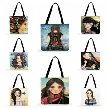 Дамски чанта през рамо, сгъваема пазарска чанта, дамски художествена чанта с женските портрети, чанта-тоут за жени, ежедневни чанти-тоут, улични плажни чанти
