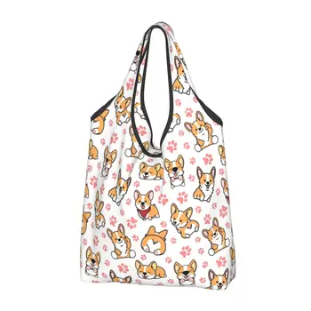 Забавно сладко чанта за пазаруване в стил Corgi, преносима чанта за пазаруване в магазини за хранителни стоки