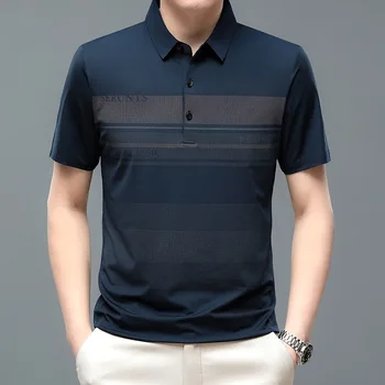 Мъжки t-shirt Ice Silk с къс ръкав и принтом, Лятна Нова свободна риза с къси ръкави с еластична ревера